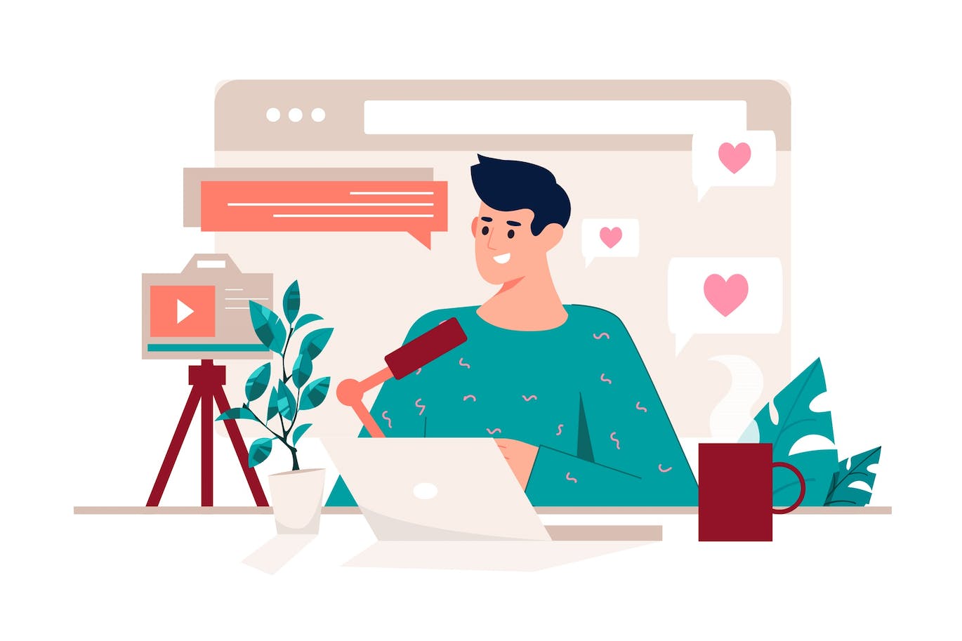 直播概念人物场景卡通插画 Live Streaming Pink Concept with People Scene 图片素材 sucaiwan.com