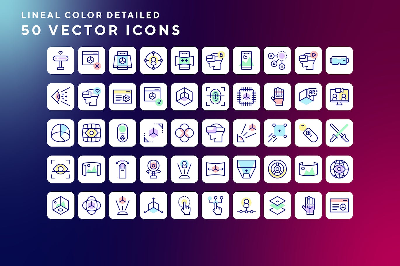 50枚VR主题彩色线条矢量图标 Virtual reality icons 图标素材 sucaiwan.com