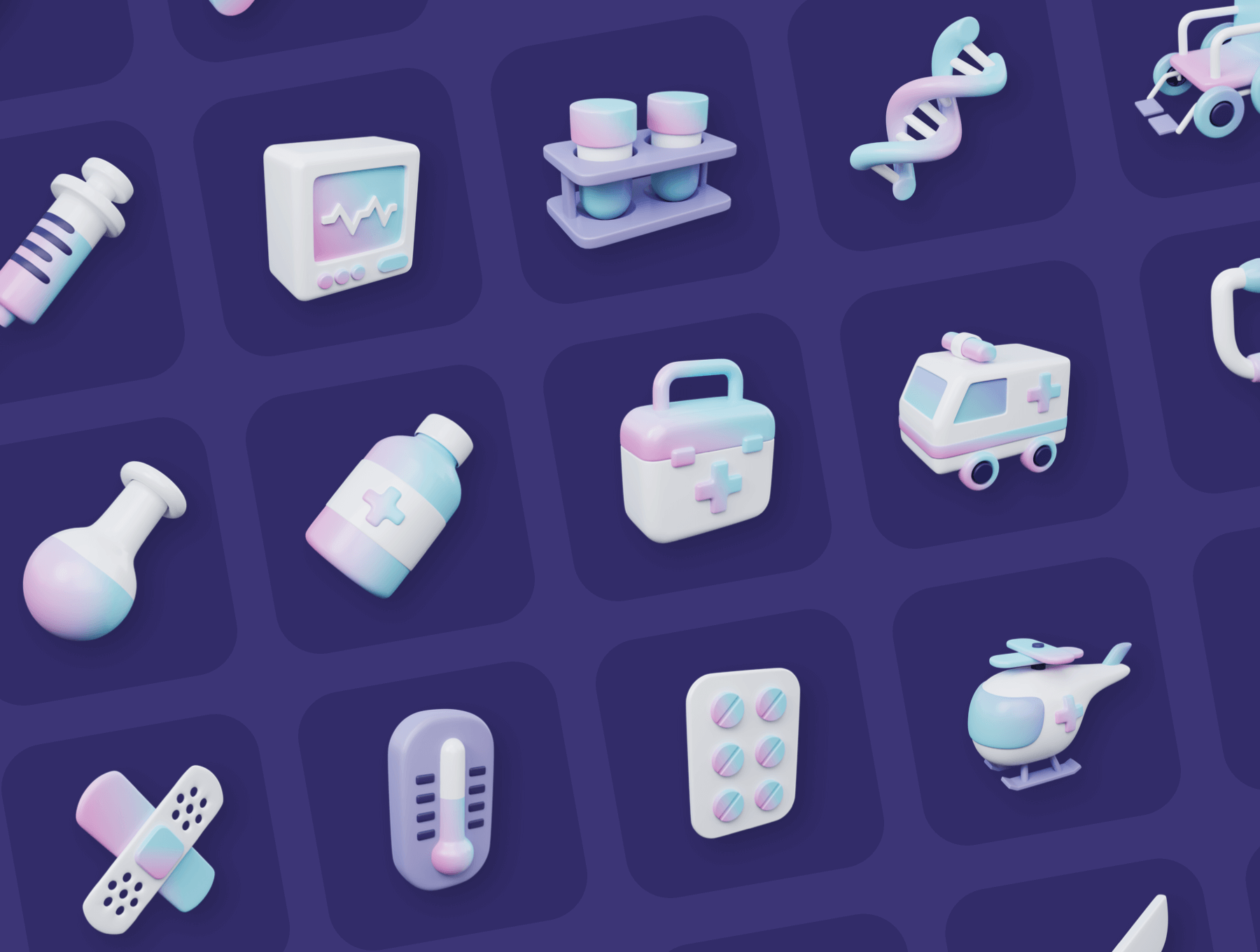 25+独特完全分层医疗图标白色彩色元素 OBJ，PSD，sketch，PNG 3D Medical Icons 图标素材 sucaiwan.com