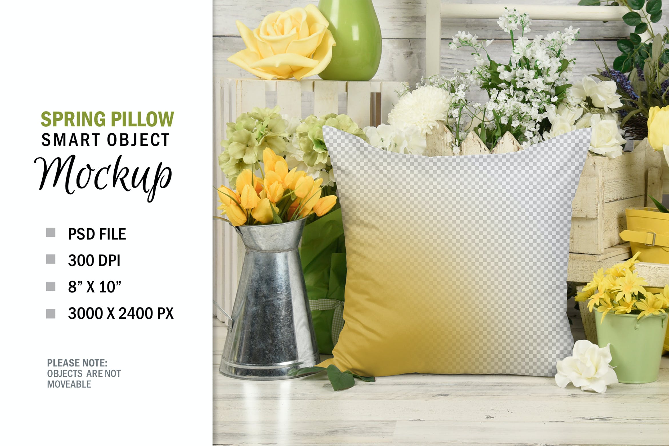 春天花卉场景白色方形枕头图案设计样机 Spring Country Square Mockup Pillow 样机素材 sucaiwan.com