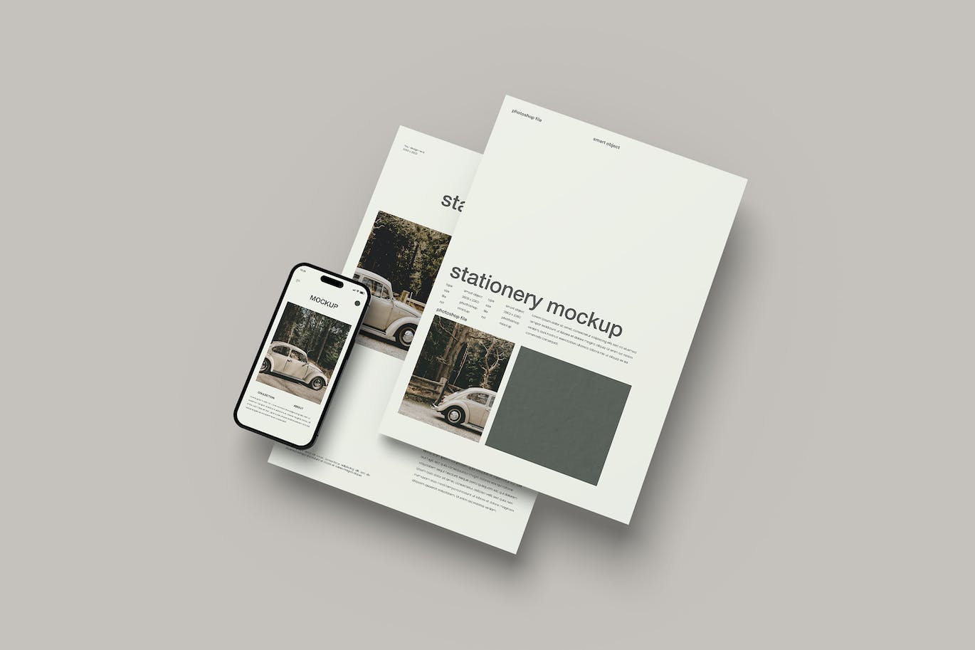 阴影悬浮手机&文件纸品牌文具样机模板 Stationery Mockups 样机素材 sucaiwan.com