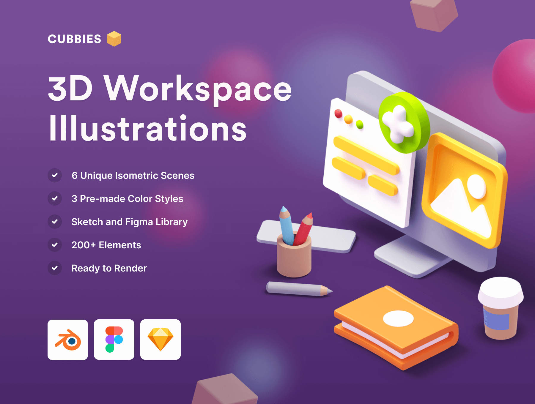 200多个3D独特预制色彩工作区等距场景包 Cubbies 3D Workspace Illustrations 图标素材 sucaiwan.com