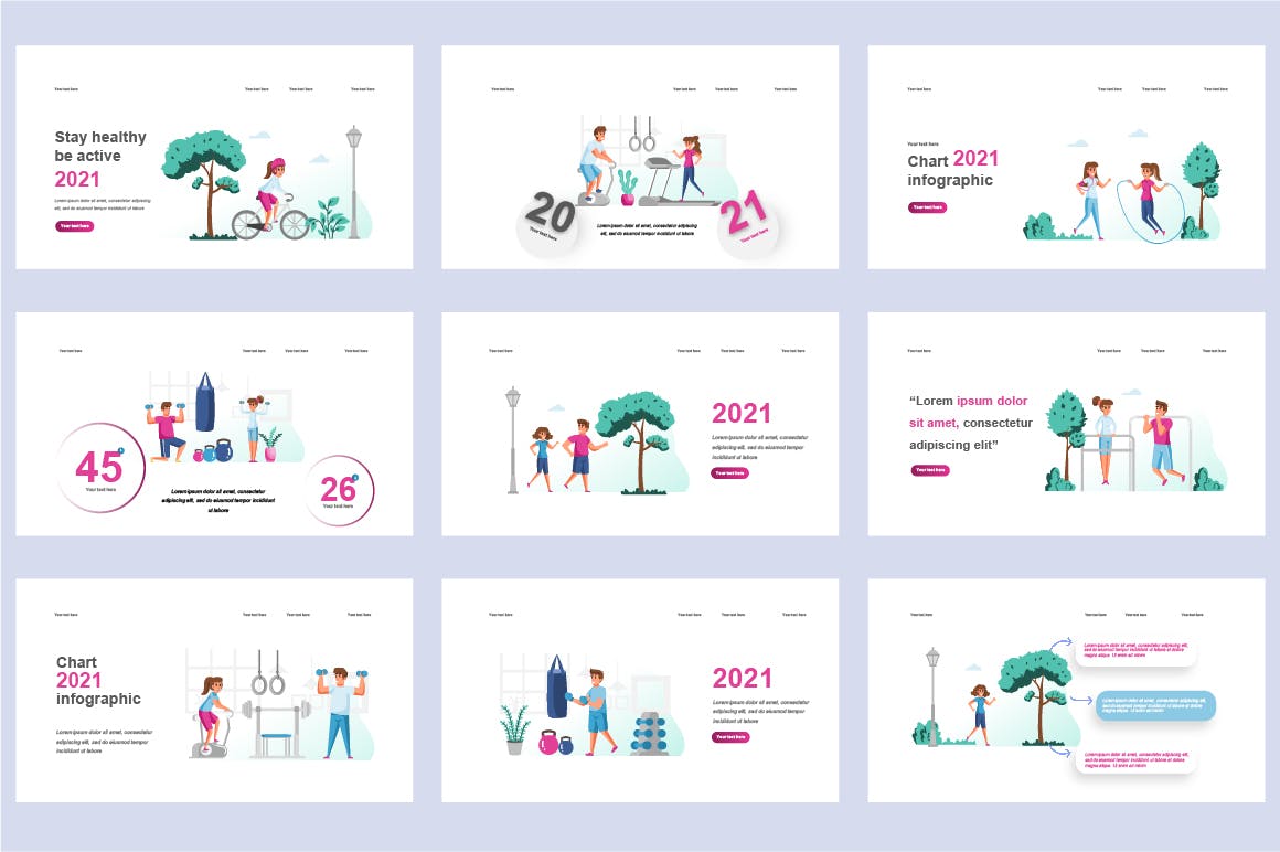 健身运动扁平插画数据可视化PPT动画幻灯片模板 Fitness Flat Illustration Powerpoint Template 幻灯图表 sucaiwan.com