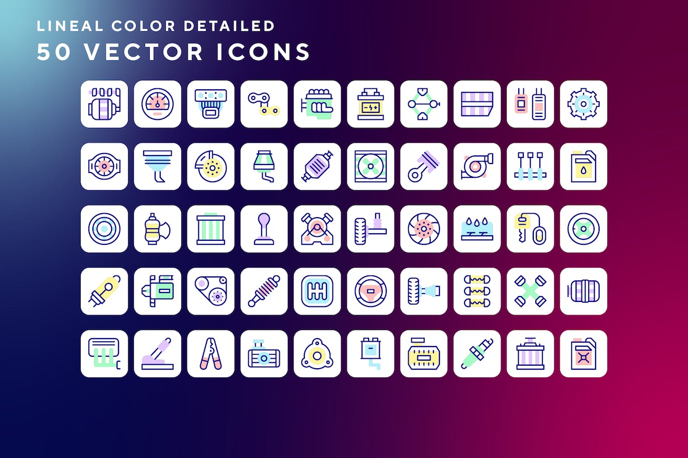 50枚汽车配件主题彩色线条矢量图标 Car engine icons 图标素材 sucaiwan.com