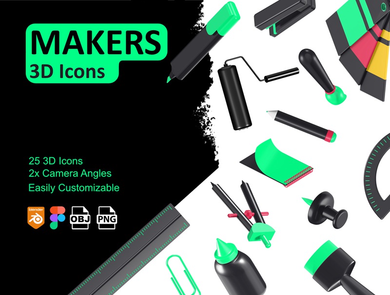 25套高分辨率可编辑Figma创意3D办公用品文具图标集合 Makers – 3D Icons 图标素材 第1张-素材湾丨精选海外优质设计素材资源 25套高分辨率可编辑Figma创意3D办公用品文具图标集合 Makers – 3D Icons 图标素材 sucaiwan.com