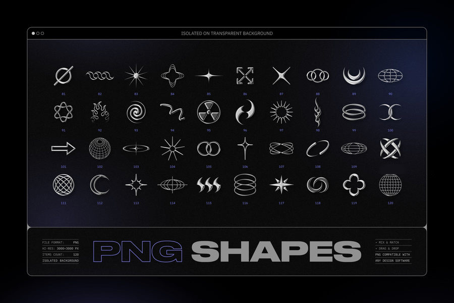 PS资源-银色金属效果3D几何形状图形元素设计素材附赠PS动作样机模板 图标素材 sucaiwan.com