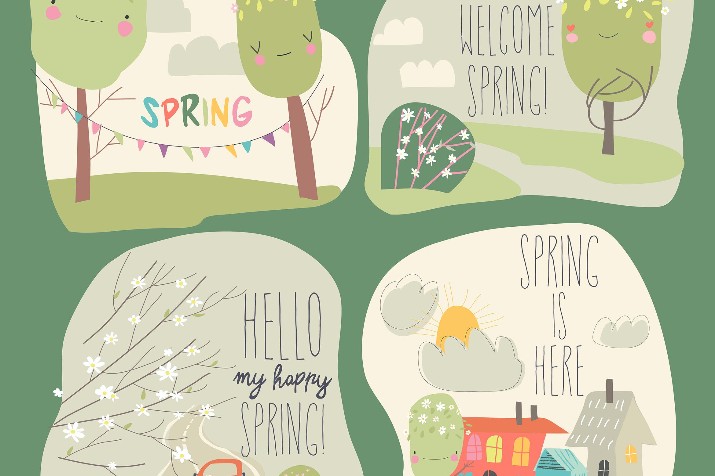 春天景观与乐趣矢量插画 Vector set of different spring landscape with funn 图片素材 sucaiwan.com