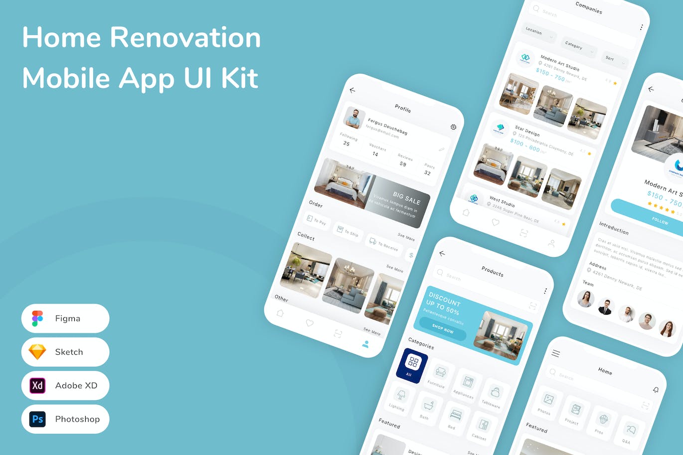房屋装修App应用程序UI工具包素材 Home Renovation Mobile App UI Kit APP UI sucaiwan.com