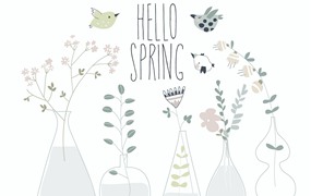 不同瓶子卡通春天花卉插画 Cartoon spring flowers in different bottles. Vecto