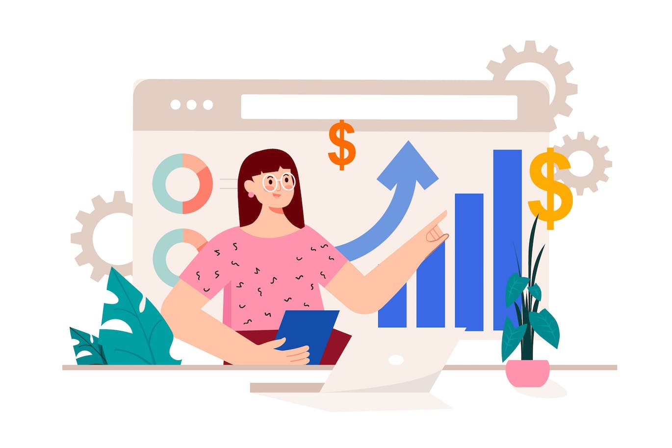 商业增长概念人物场景卡通插画 Business Grow Pink Concept with People Scene 图片素材 sucaiwan.com