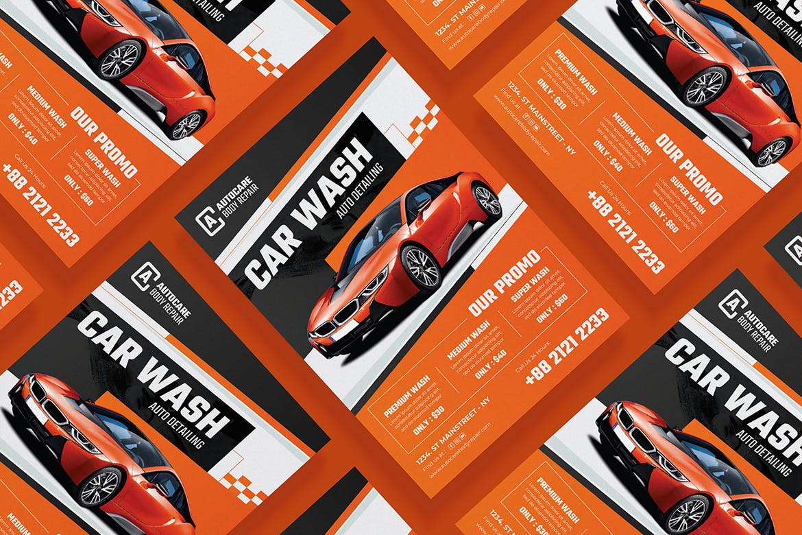 洗车服务海报模板 Car Wash Flyer Template Set 设计素材 sucaiwan.com