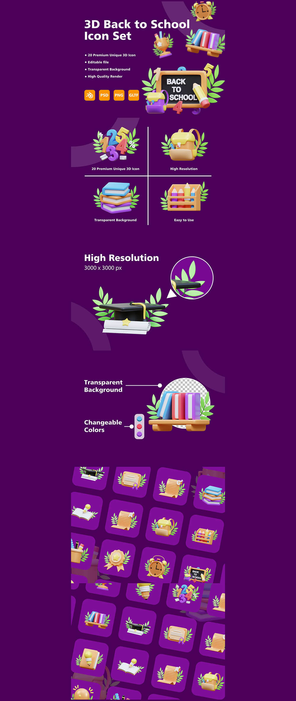 3D返校学习主题图标插画集 图标素材 sucaiwan.com