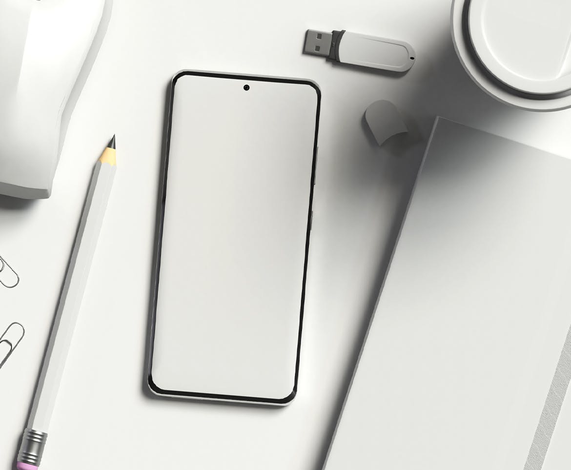 带有办公用品的安卓智能手机屏幕样机 Smartphone with office items mockup 样机素材 sucaiwan.com