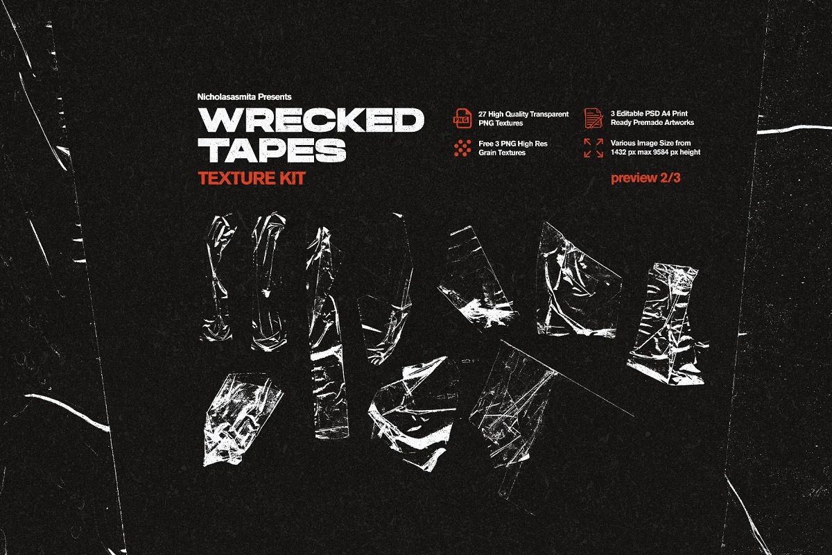 高质量复古做旧艺术纸张折痕压痕破损废旧胶带纹理素材合辑 Wrecked Tapes Texture Kit 图片素材 sucaiwan.com