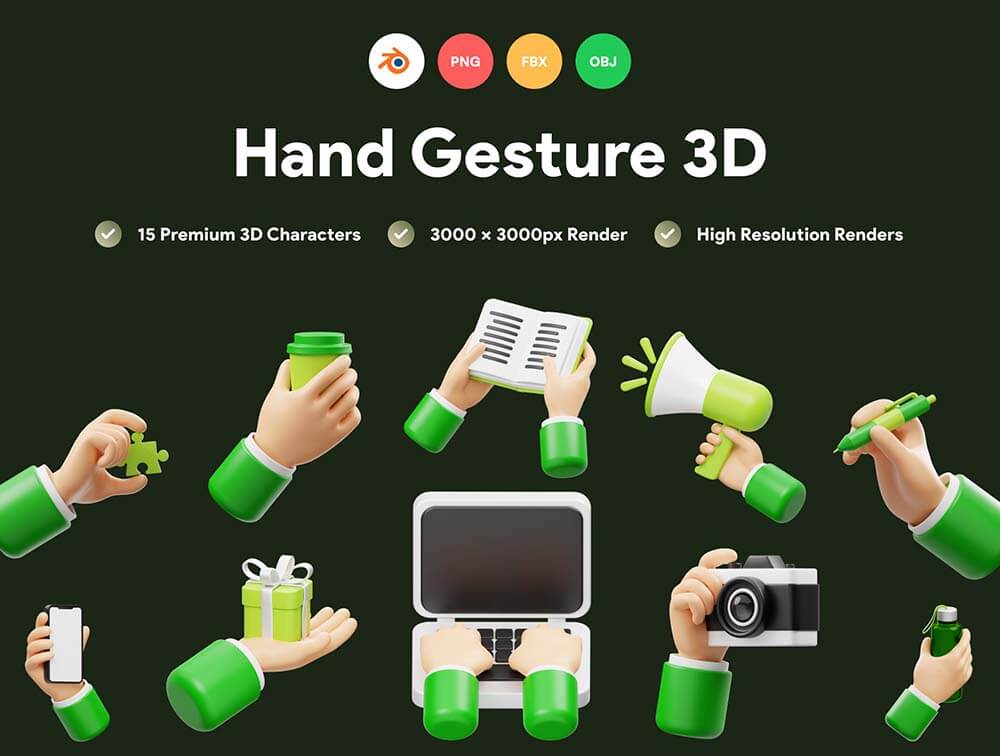 15个现成的手势3D对象图标 图标素材 sucaiwan.com