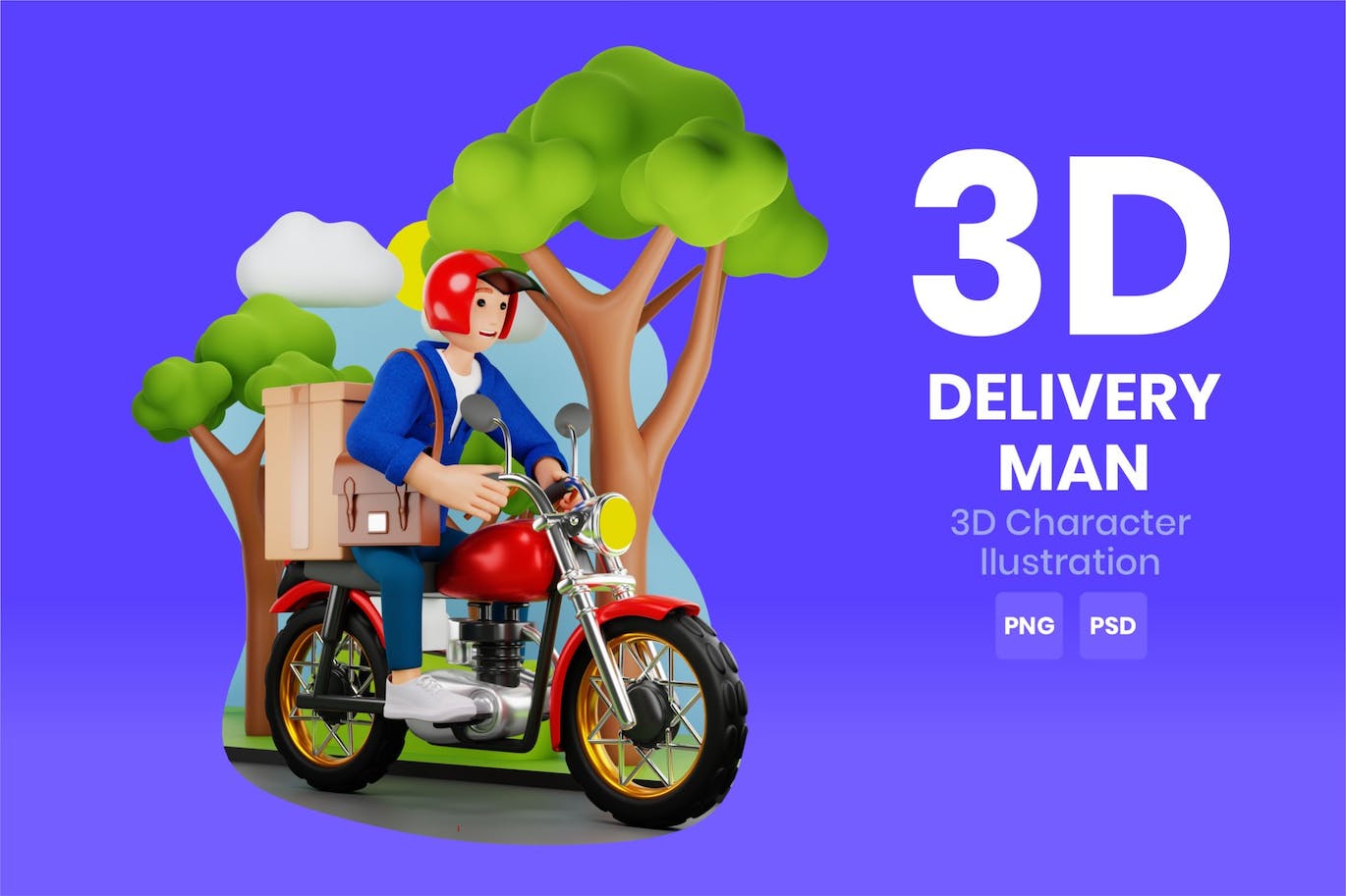 摩托车送货骑手3D角色插画素材 Delivery Man With Motorbike 3D Character 图片素材 sucaiwan.com