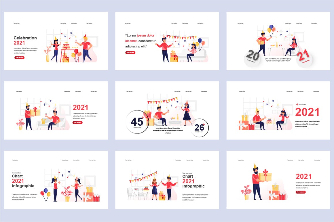 派对扁平插画数据可视化PPT动画幻灯片模板 Party Flat Illustration Powerpoint Template 幻灯图表 sucaiwan.com