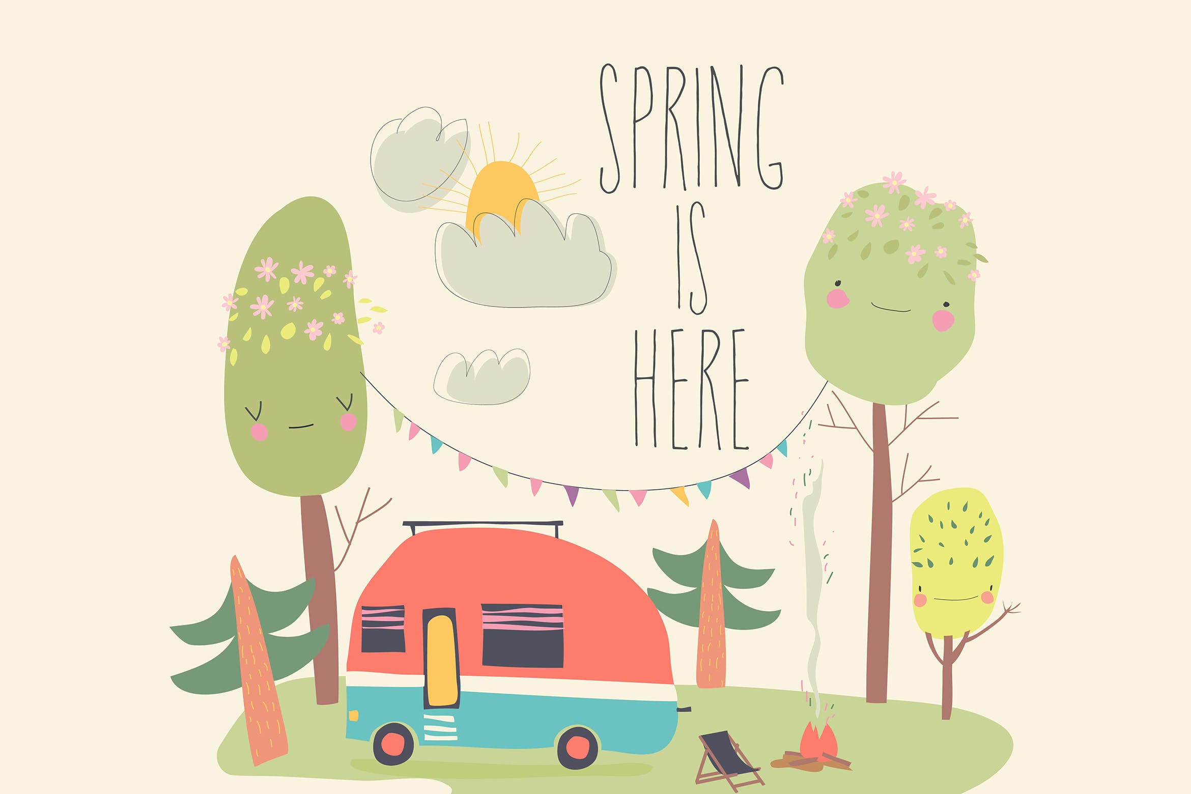 春天森林小拖车矢量插画 Little trailer standing in spring forest. Vector 图片素材 sucaiwan.com