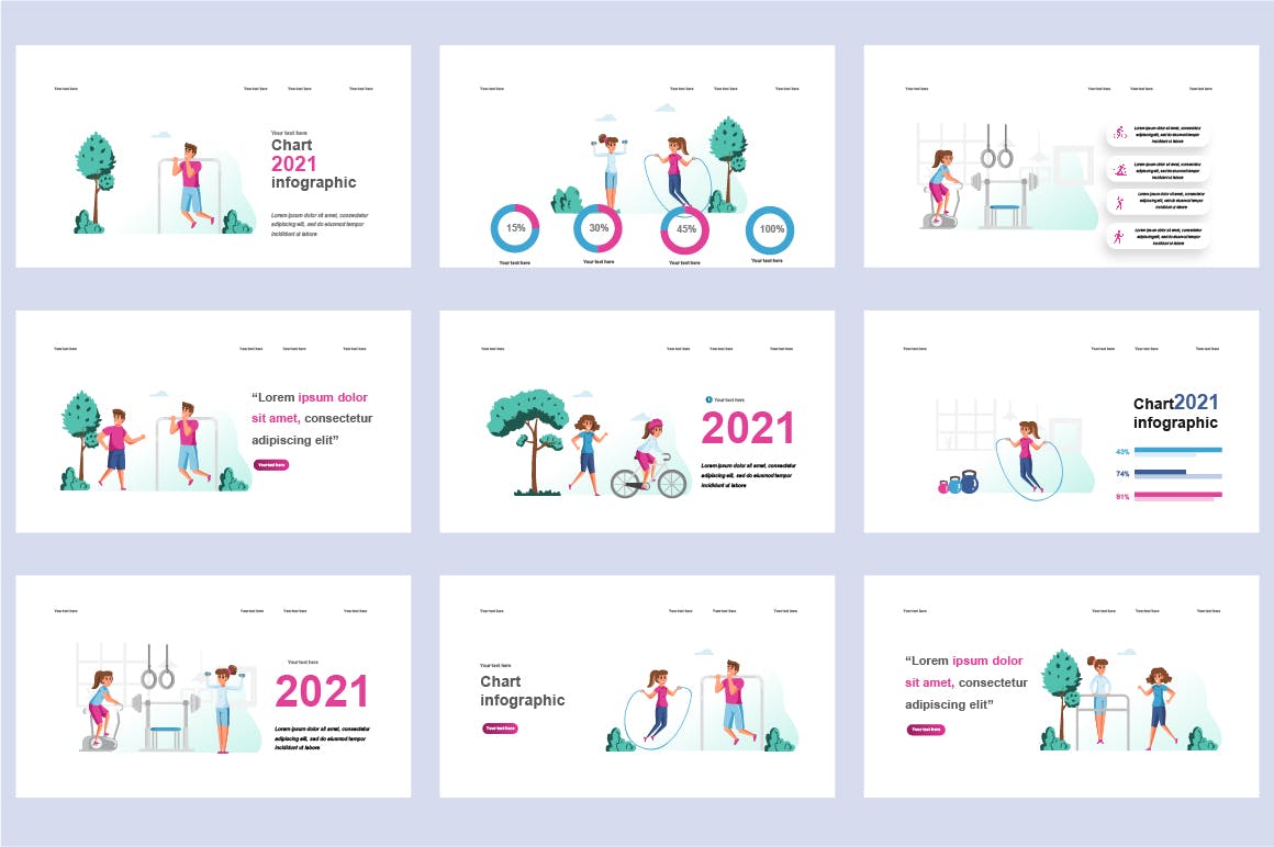 健身运动扁平插画数据可视化PPT动画幻灯片模板 Fitness Flat Illustration Powerpoint Template 幻灯图表 sucaiwan.com