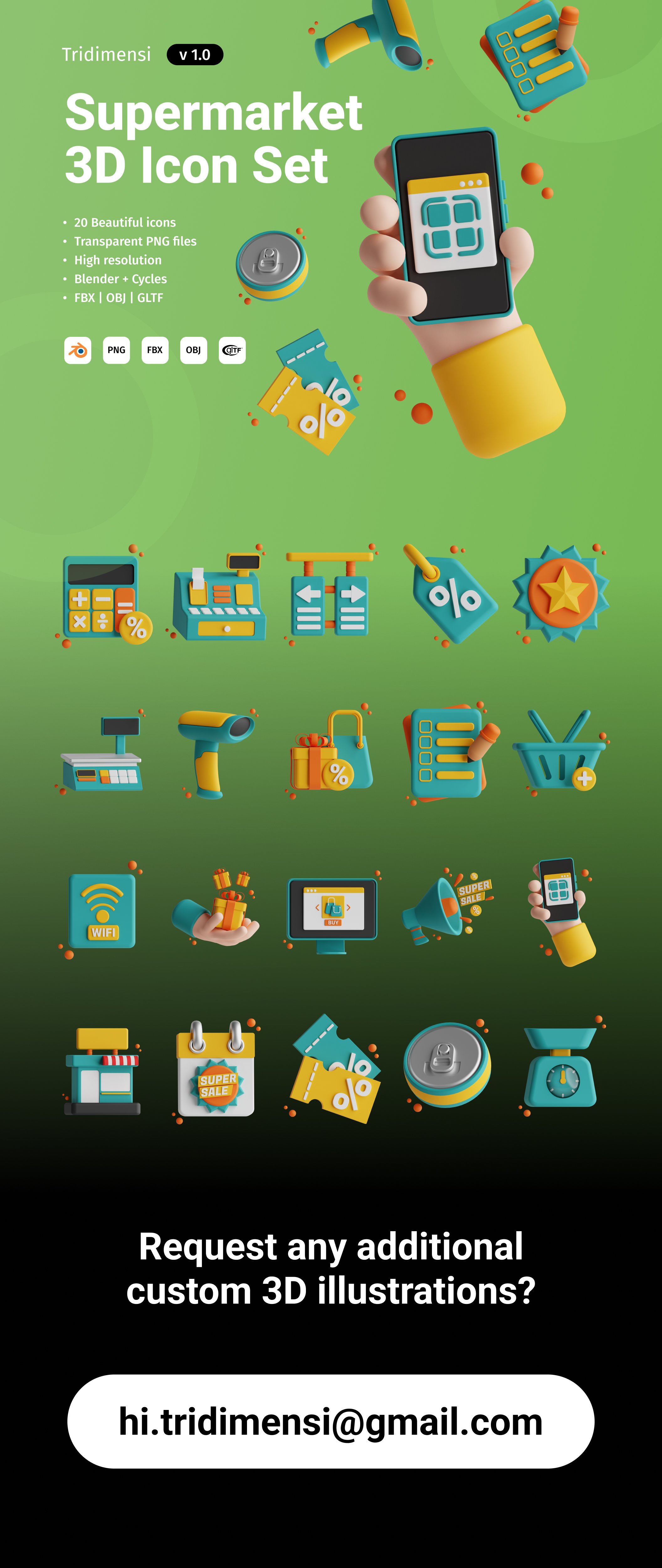 高质量三维渲染超市商场收银主题插画图标素材合辑 3D Supermarket 图标素材 sucaiwan.com