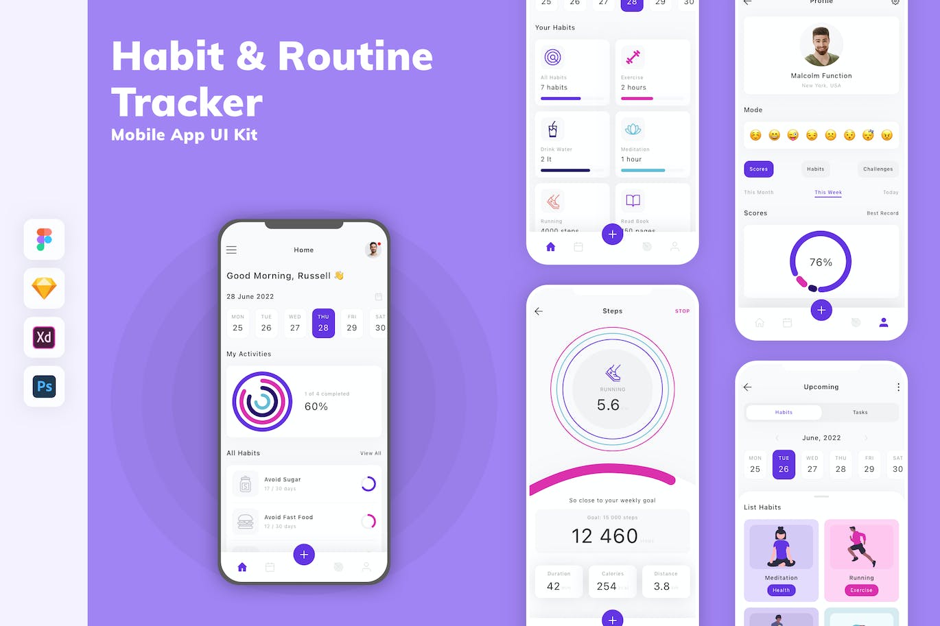 习惯&运动跟踪App移动应用设计UI工具包 Habit & Routine Tracker Mobile App UI Kit APP UI sucaiwan.com