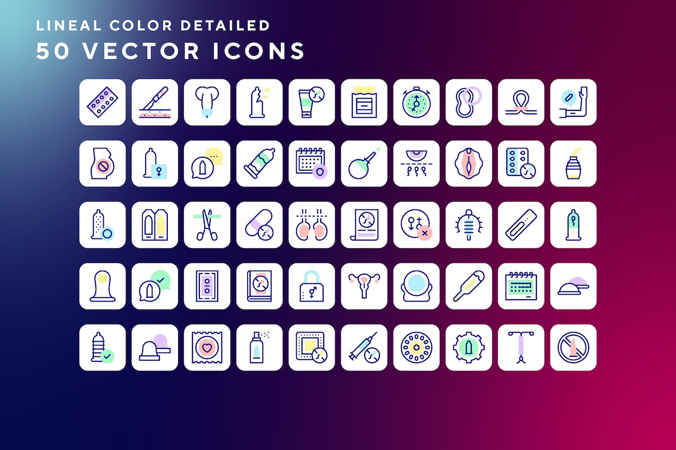 50枚避孕方法主题彩色线条矢量图标 Contraceptive methods icons 图标素材 sucaiwan.com