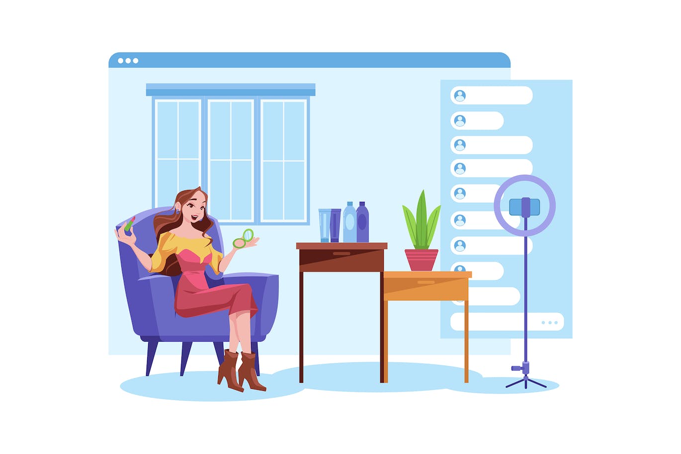在线评论美容产品直播场景插画 Happy Young Girl Reviews Beauty Products Online 图片素材 sucaiwan.com