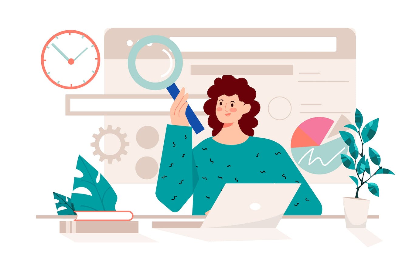 互联网搜索概念人物场景卡通插画 Searching Internet Pink Concept with People Scene 图片素材 sucaiwan.com