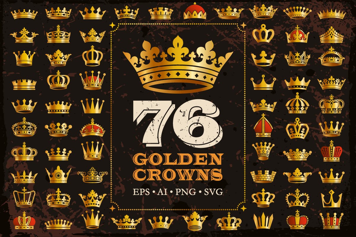 76个金色皇冠图标&矢量剪影 76 Golden Royal Crowns Icons Vector Silhouettes 图标素材 sucaiwan.com