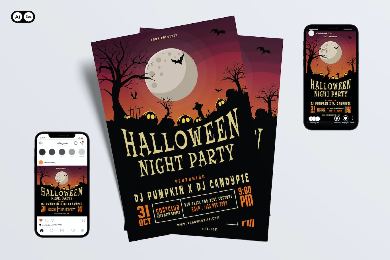 万圣节之夜派对宣传单模板 Halloween Night Party Flyer Set 设计素材 sucaiwan.com