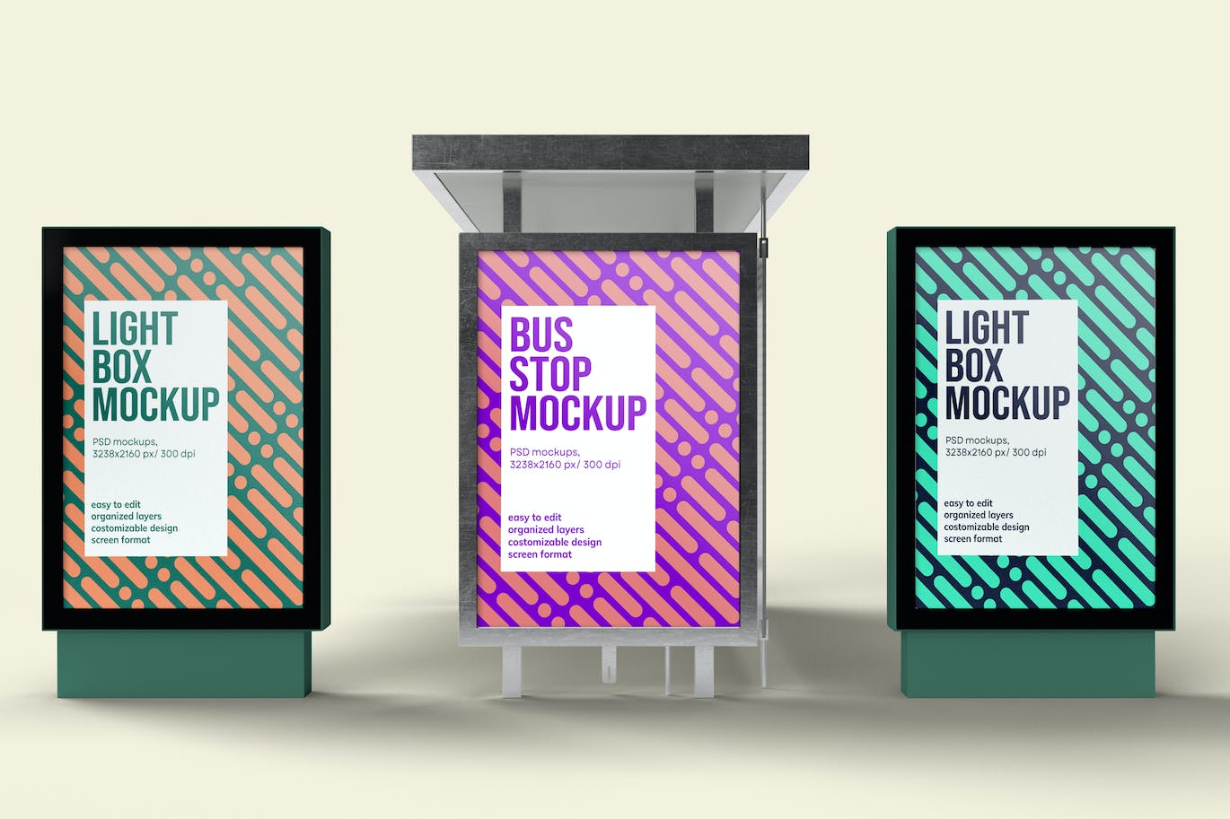 公交巴士站灯箱广告海报展示样机 Bus Stop and Lightbox Mockup 样机素材 sucaiwan.com