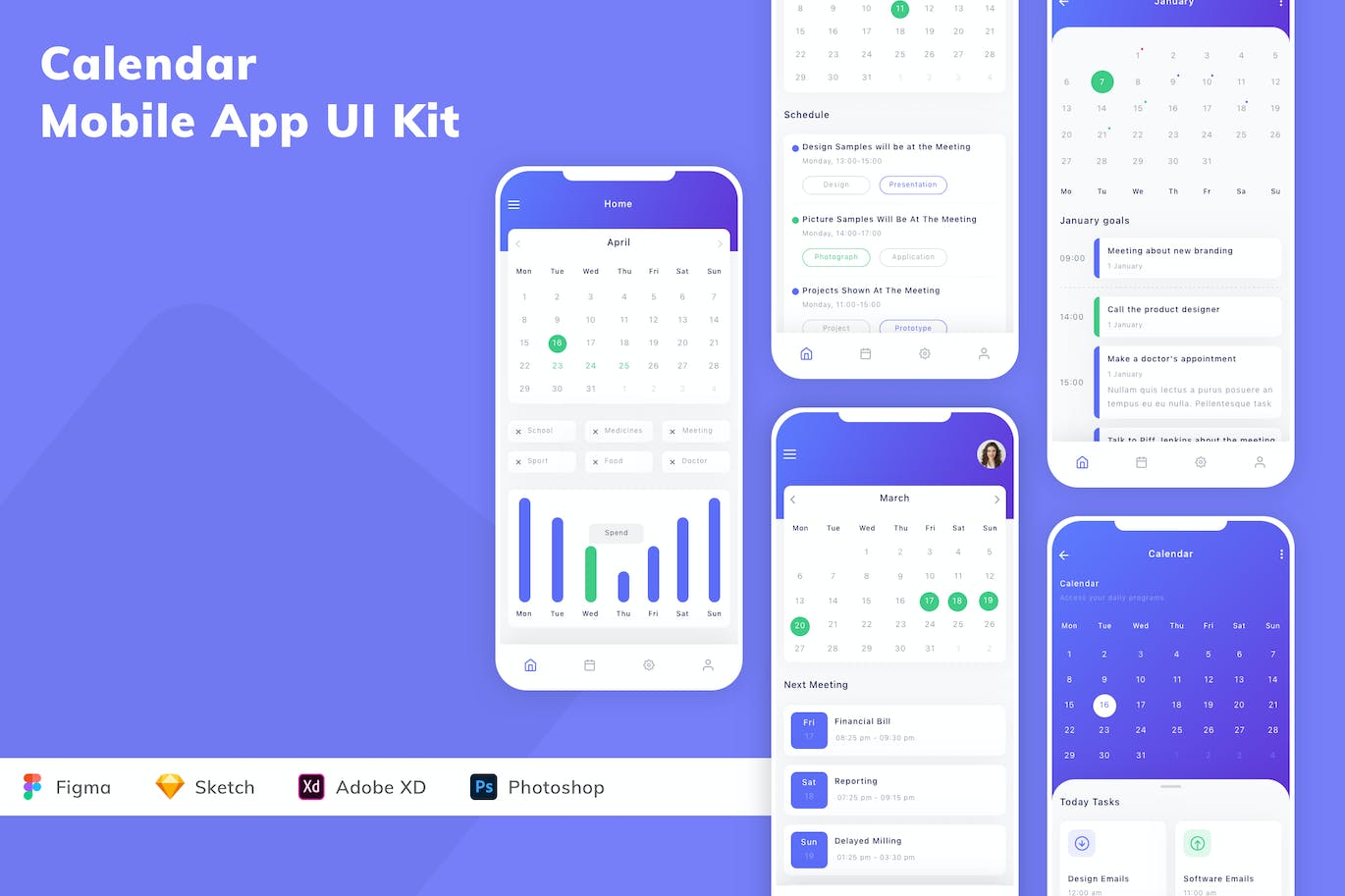 日历App应用程序UI工具包素材 Calendar Mobile App UI Kit APP UI sucaiwan.com