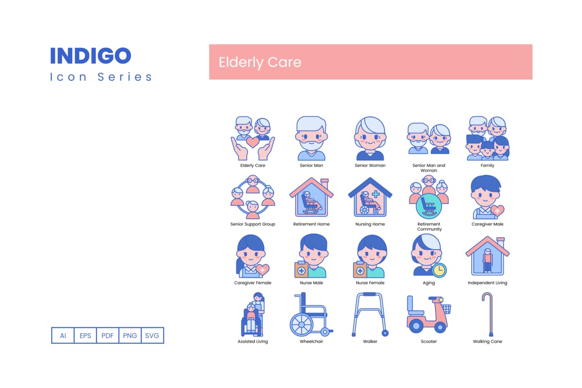 80个靛蓝系列老年护理图标 80 Elderly Care Icons – Indigo Series 图标素材 sucaiwan.com