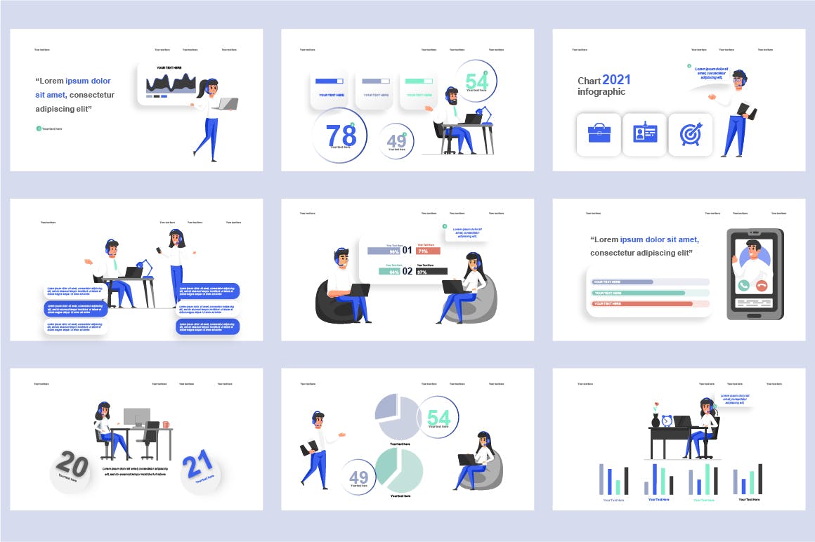 业务管理扁平插画数据可视化PPT动画幻灯片模板 Management Flat Illustration Powerpoint Template 幻灯图表 sucaiwan.com