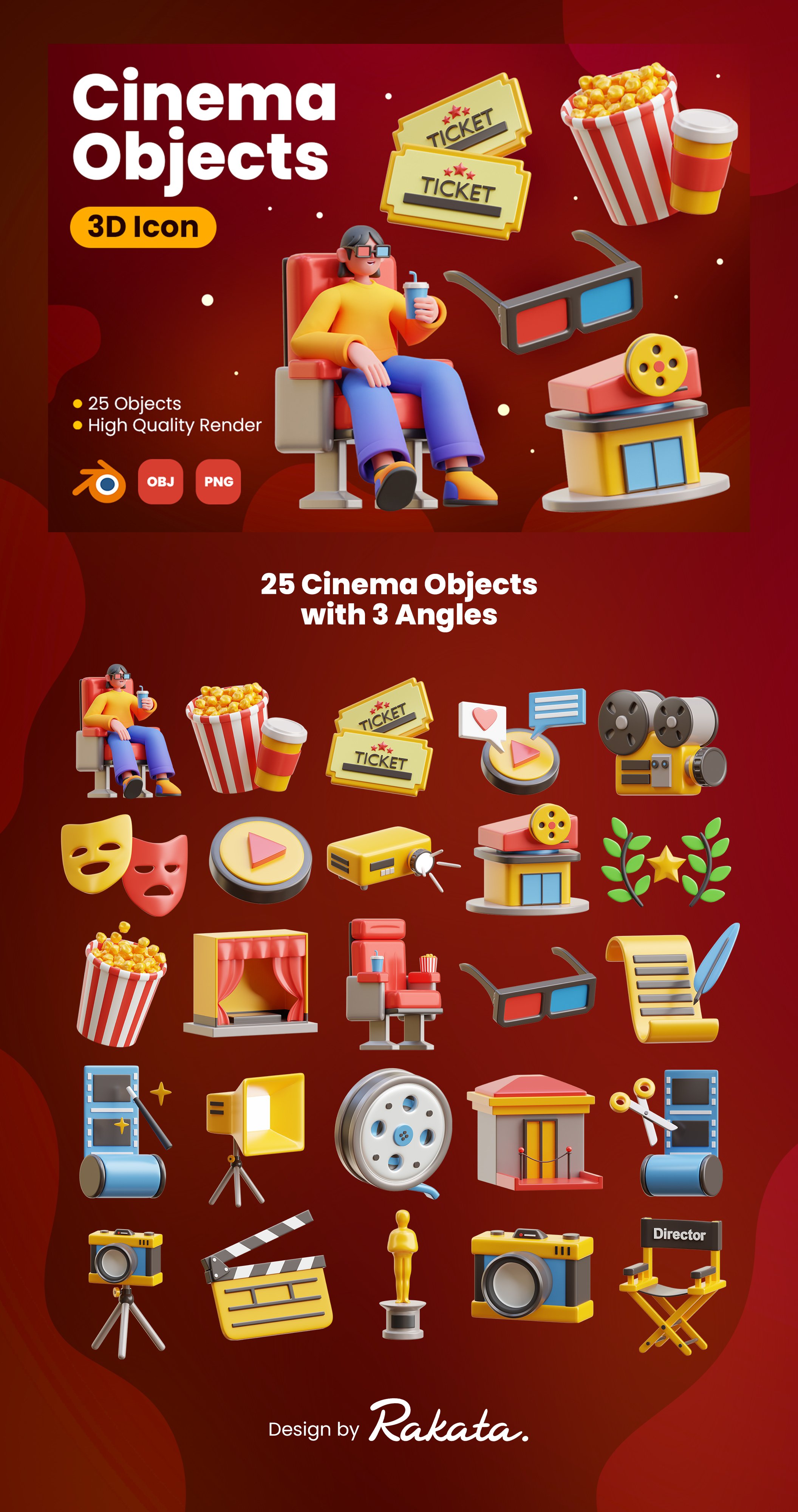 高质量三维渲染影音播放电影院主题3D插画图标素材合辑 Cinema 3D Icons 图标素材 sucaiwan.com