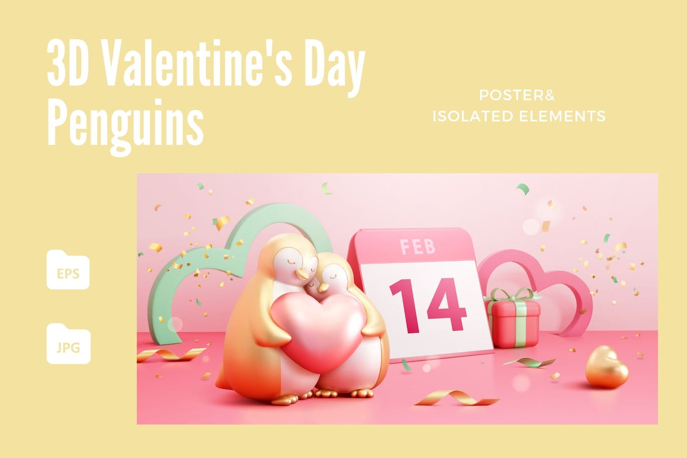 3D情人节企鹅海报素材下载 3D Valentine’s Day Penguins Poster 设计素材 sucaiwan.com