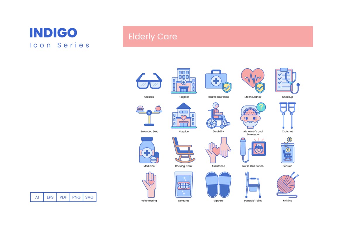 80个靛蓝系列老年护理图标 80 Elderly Care Icons – Indigo Series 图标素材 sucaiwan.com