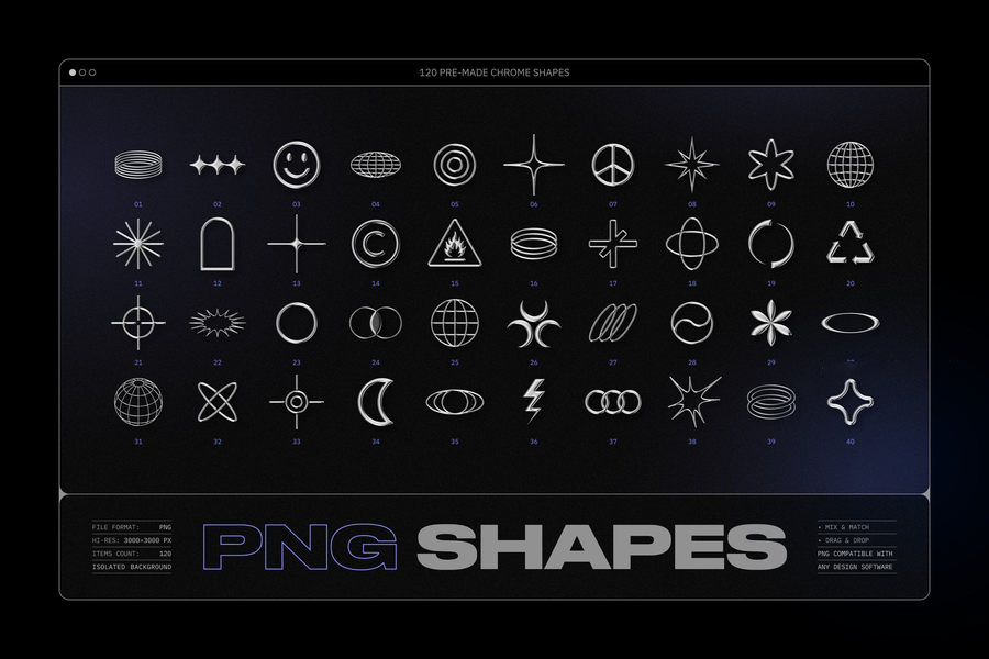 PS资源-银色金属效果3D几何形状图形元素设计素材附赠PS动作样机模板 图标素材 sucaiwan.com
