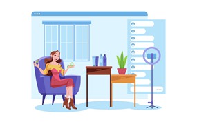 在线评论美容产品直播场景插画 Happy Young Girl Reviews Beauty Products Online