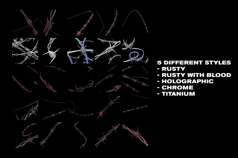 潮流酸性艺术街头服饰设计恐怖铁丝网PS笔刷PNG装饰素材 BARBED WIRE – TEXTURES 笔刷资源 sucaiwan.com
