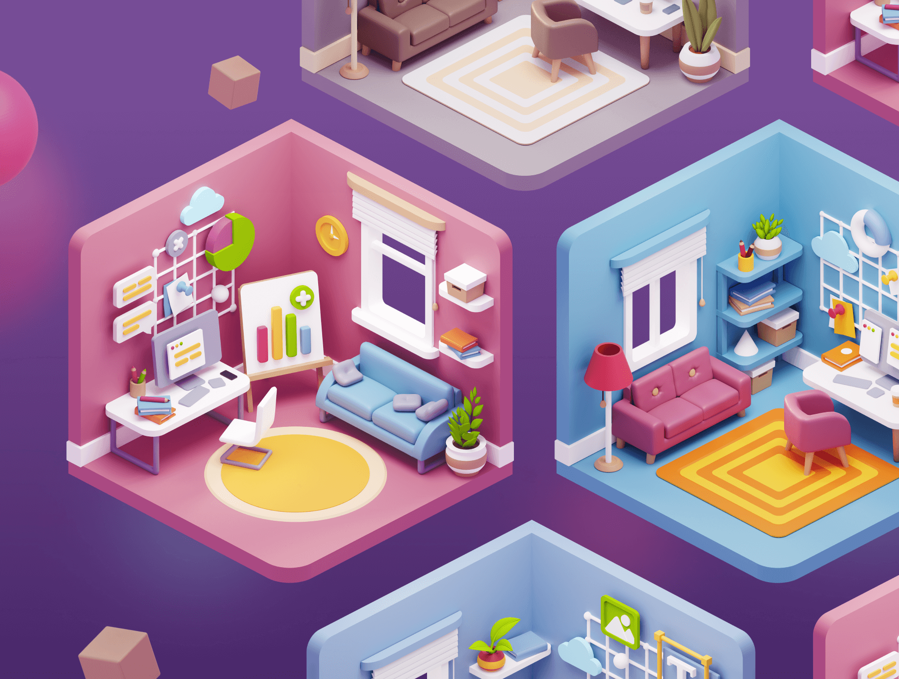200多个3D独特预制色彩工作区等距场景包 Cubbies 3D Workspace Illustrations 图标素材 sucaiwan.com