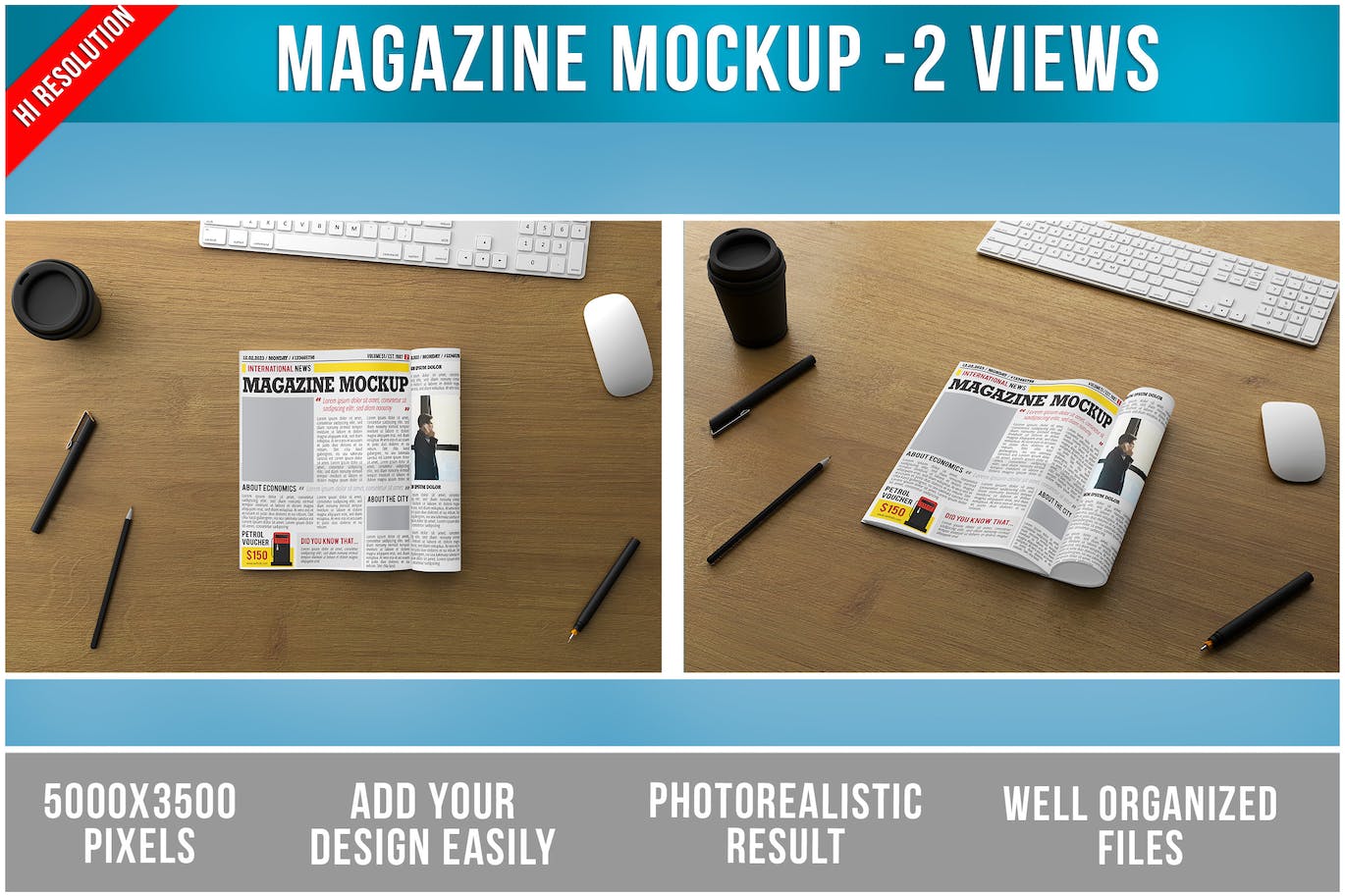 办公桌杂志新闻报纸效果图样机模板 Open Magazine on Wooden Table Mockup 样机素材 sucaiwan.com