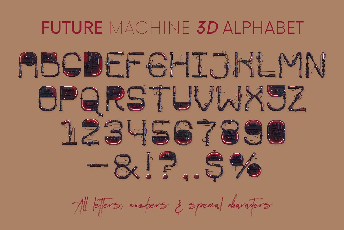 潮流未来科幻游戏3D机械霓虹灯特效字母PNG设计素材 Future Machine – 3D Lettering 图片素材 sucaiwan.com
