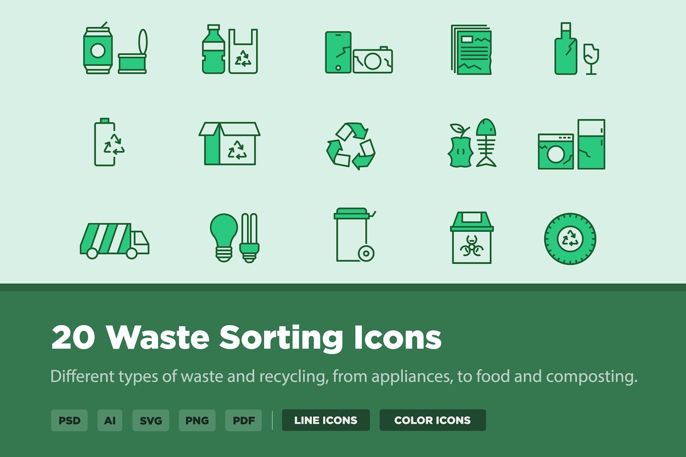 20个废物分类线条样式矢量图标 20 Waste Sorting Icons 图标素材 sucaiwan.com