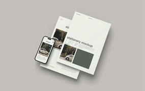 阴影悬浮手机&文件纸品牌文具样机模板 Stationery Mockups