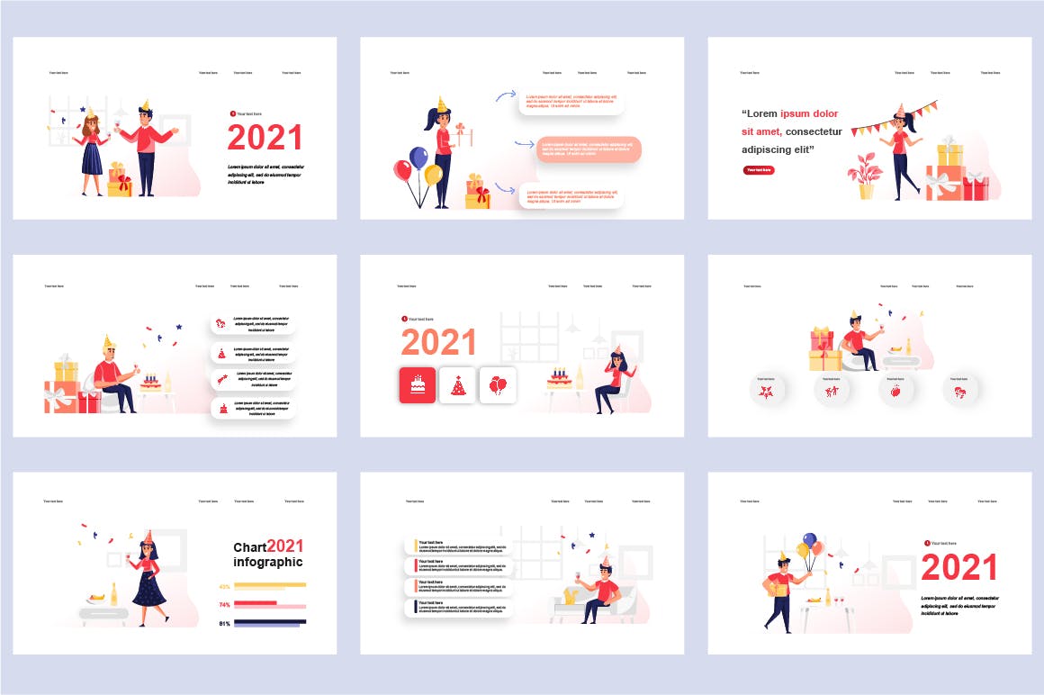 派对扁平插画数据可视化PPT动画幻灯片模板 Party Flat Illustration Powerpoint Template 幻灯图表 sucaiwan.com
