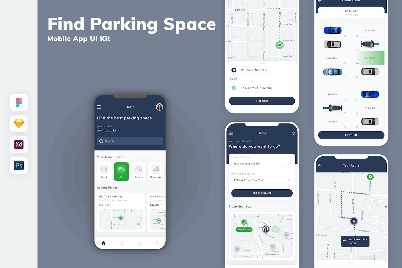 寻找停车位App移动应用设计UI工具包 Find Parking Space Mobile App UI Kit APP UI sucaiwan.com