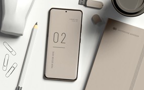 带有办公用品的安卓智能手机屏幕样机 Smartphone with office items mockup