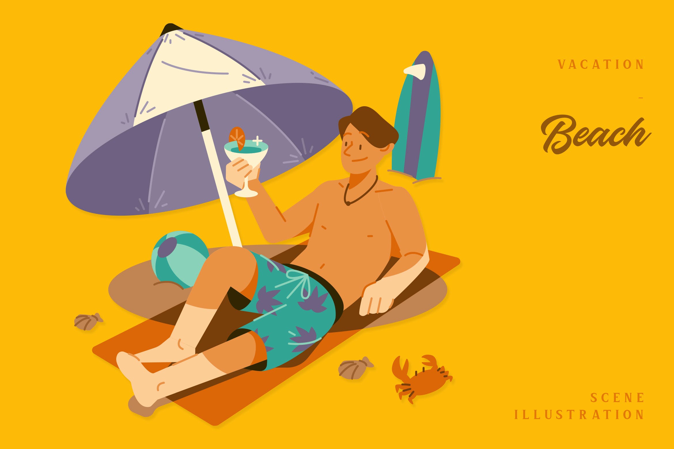 假期海滩场景插画矢量素材 Vacation – Beach Scene Illustration 图片素材 sucaiwan.com