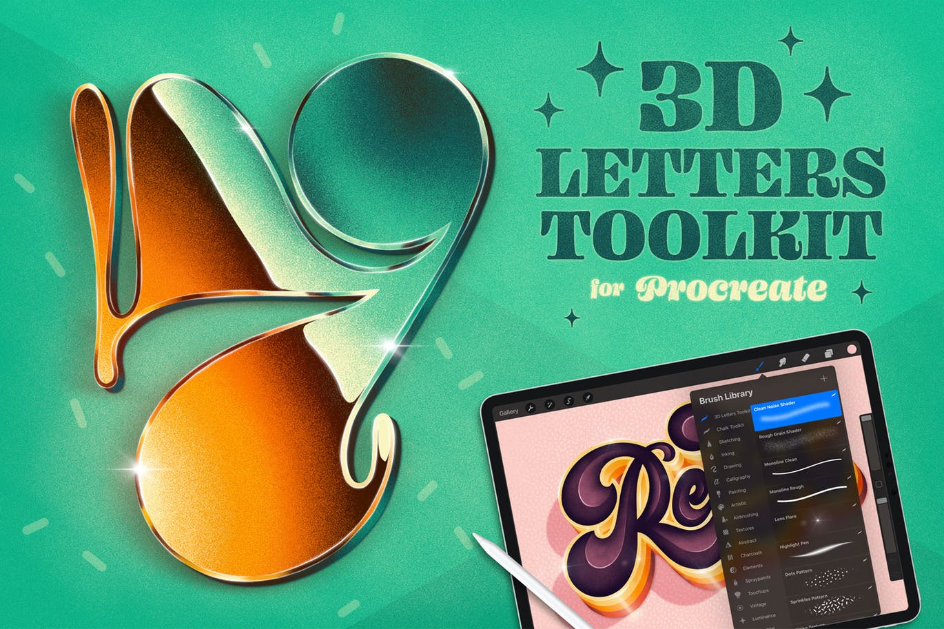 3D字母制作工具Procreate笔刷 3D Letters Toolkit 笔刷资源 sucaiwan.com